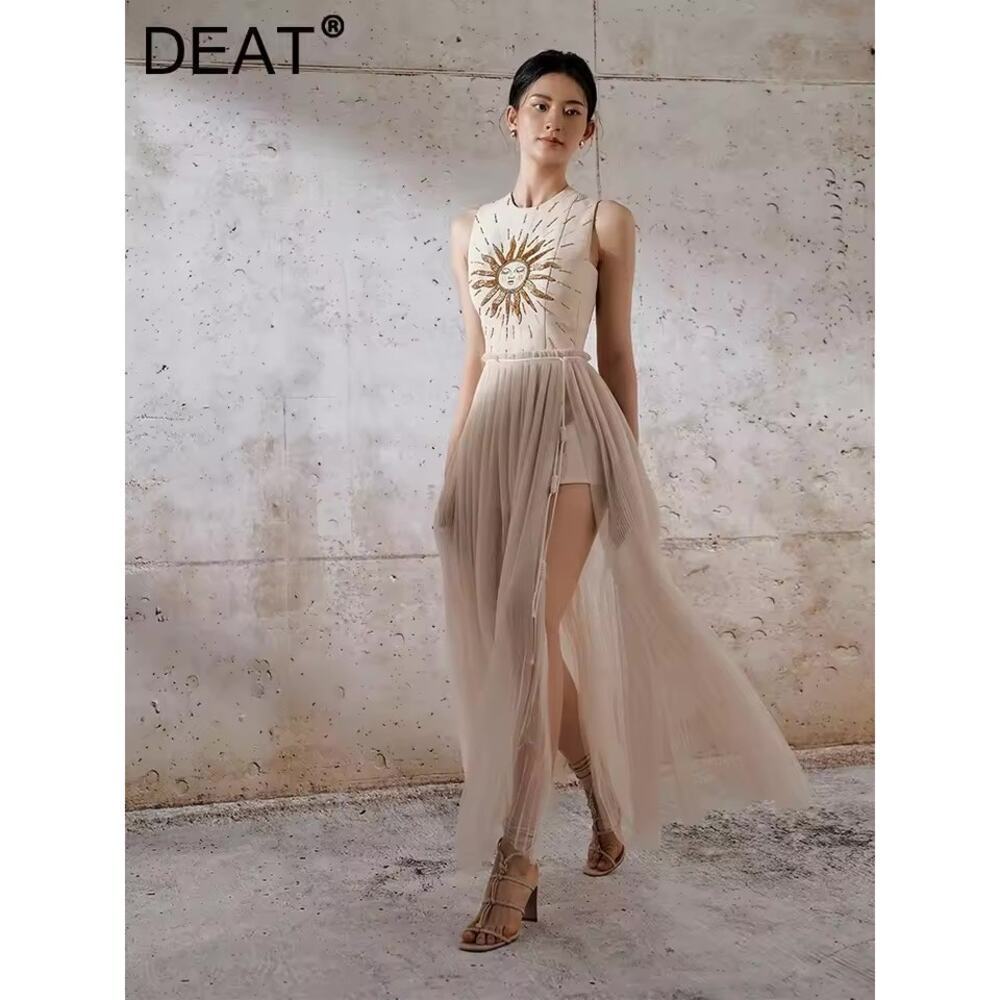 Women's Dress Sleeveless Embroidery Split Gauze Dress/shorts jumper New XL